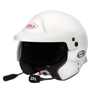 White helmet with a visor and communication device on a white background